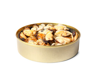 Opened tin can with mussels isolated on white background