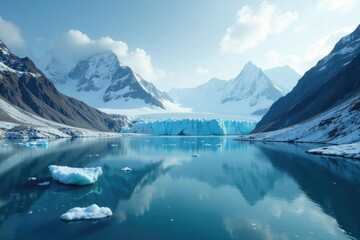 Fototapeta premium Glacial landscape with icy lake and surrounding peaks, glacier ice, calm