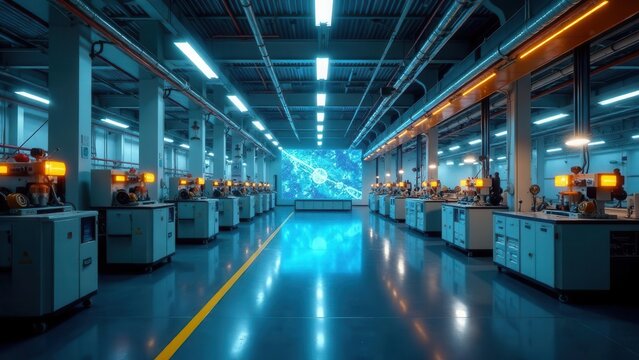 High-tech industrial facility showcasing rows of advanced machinery under bright fluorescent lighting, with a large, vibrant data visualization screen at the far end of the clean, polished floor.