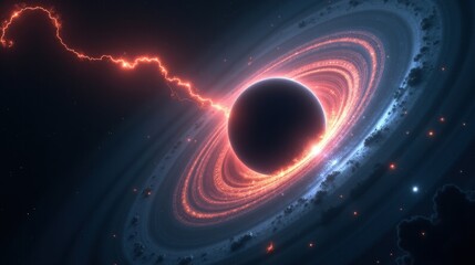 Obraz premium An immense black hole devouring a star, plasma spiraling into its gravity well, glowing arcs of light bending around the dark abyss, depicted in Magical Realism.