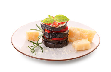 Plate with tasty baked Eggplant Parmesan on white background
