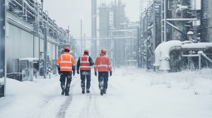 Fototapeta premium Workers walking snowy refinery, winter inspection