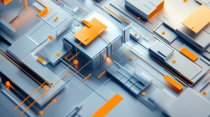 Abstract 3D geometric shapes, modern technology, futuristic design, bright orange and light gray blocks, lines, and glowing light points.