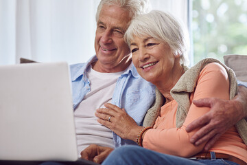 Laptop, sofa and senior couple relax, streaming and bonding together in home living room. Computer, man and happy woman in retirement for movie, vintage film and watch show on website or internet