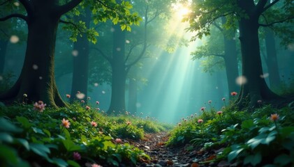 Fototapeta premium Mist and particles swirl above a mystical forest floor, natural, mysterious, swirl