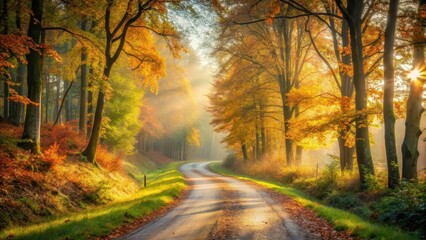 Serene countryside scene with winding rural road shrouded in misty autumnal hues and soft, warm light filtering through trees , wooded area, peaceful ambiance