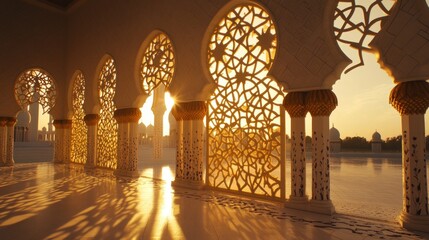 Sunrise Mosque Intricate Arches Golden Light