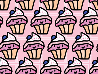 Funny, yummy, cute, nice, sweet,  creamy, blueberry cupcakes. Happy, smiling, friendly food. Bakery. Party, birthday, celebration. Cartoon character. Childish. Seamless vector pattern for design.