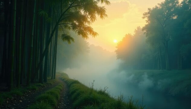 Misty bamboo forest at dawn with fog rolling in, peaceful, rolling, clouds