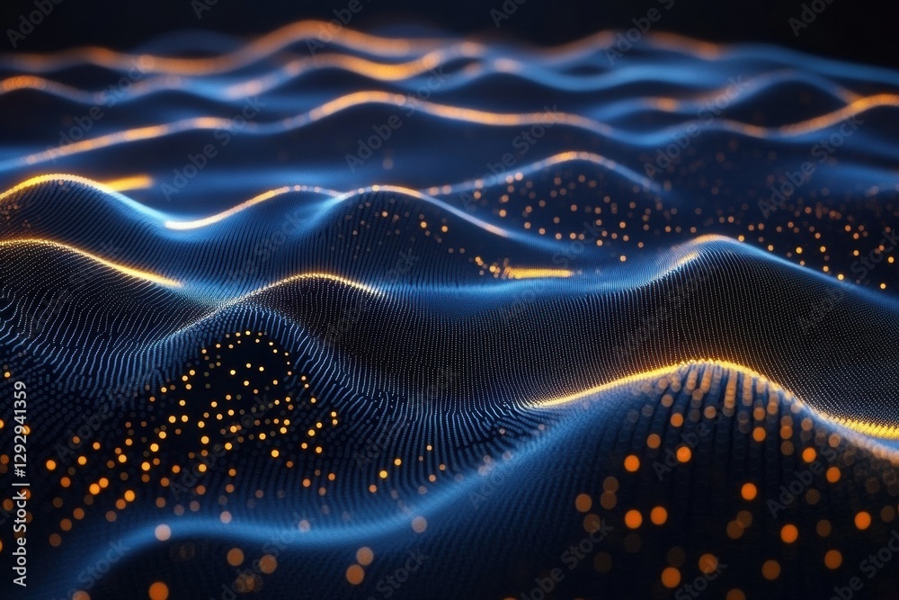 Poster Waves of light and particles creating a mesmerizing digital landscape during nighttime. Generative AI