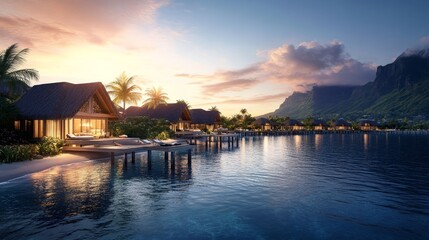 Fototapeta premium a 5-star beachfront resort with overwater bungalows and a breathtaking ocean view