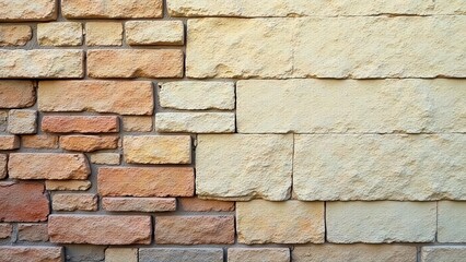 Obraz premium A Textured Wall of Varied Stone Blocks, Featuring a Blend of Warm and Light Hues, Shows a Unique Architectural Detail