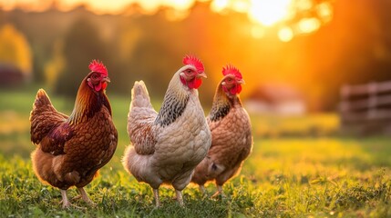 Fototapeta premium Hens sunset pasture farm agriculture rural food