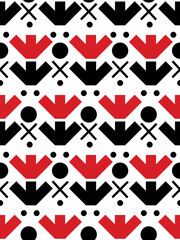 Red, white, black flowers ornament, botanical, floral, ethnic, traditional, national, tulips. Style, art, fashion. Seamless vector pattern for design and decoration. 