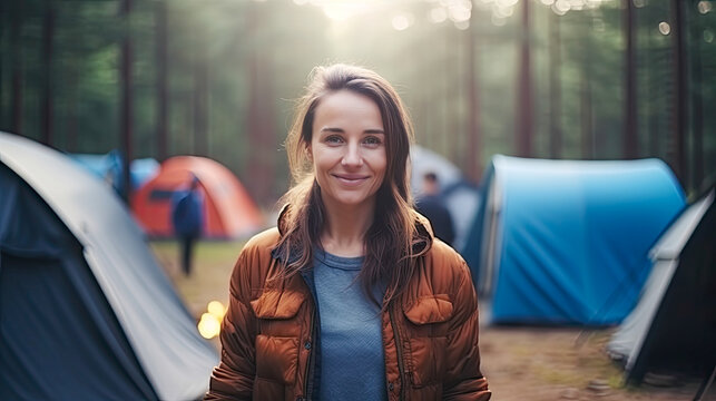 Confident woman small business owner stands proudly in outdoor market setting surrounded by tents while smiling and interacting with customers on a sunny day