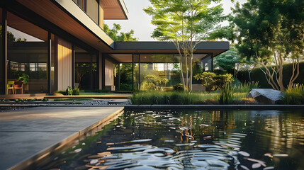 Obraz premium Serene architectural landscape featuring a modern home with a tranquil reflecting pool