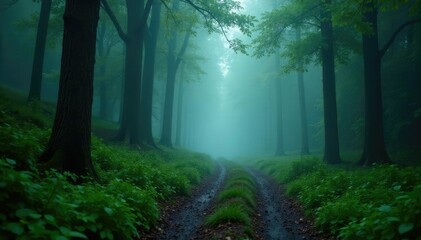 Obraz premium Misty forest trail with foggy atmosphere and raindrops, trees, rain, greenery