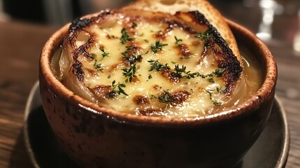 Delectable French Onion Soup with Golden Brown Crusty Bread and Melted Gruyere Cheese
