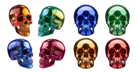 Colorful Decorative Glass Skulls Isolated on White Background, isolated on transparent background