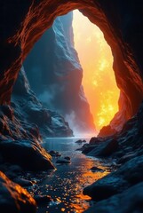 Fototapeta premium A Serene Coastal Cave Opening to a Fiery Celestial Display