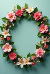 Fototapeta premium Elegant Floral Wreath Arrangement Delicate Pink and White Blossoms Arranged in a Circular Frame on a Serene Teal Background