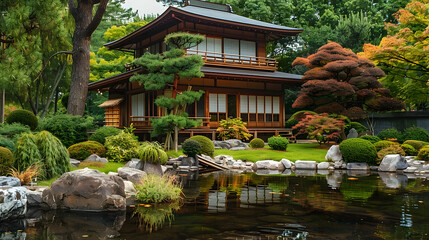 Fototapeta premium Zen Retreat, Serene Japanese House and Garden Reflecting Tranquility