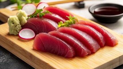 Delicious Fresh Sashimi Tuna on Bamboo Cutting Board with Radishes and Wasabi