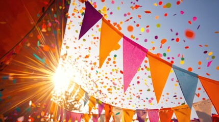 Festive bunting, confetti, outdoor celebration, sunset