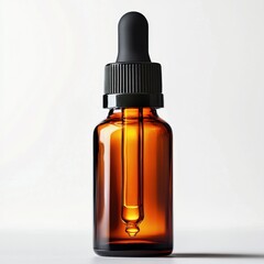 Fototapeta premium Amber Bottle with Dropper: A close-up studio shot of a sleek amber glass bottle, complete with a black dropper, conveying a sense of purity and scientific precision. 