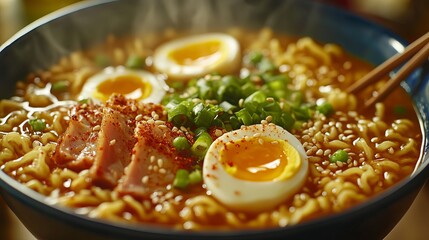Delicious Spicy Ramen Noodle Soup with Soft Boiled Eggs and Pork