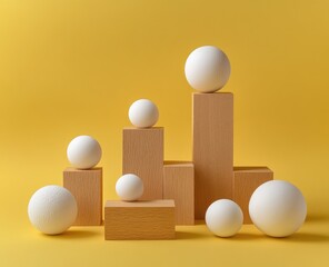 Geometric shapes, ascending on wooden blocks, yellow background