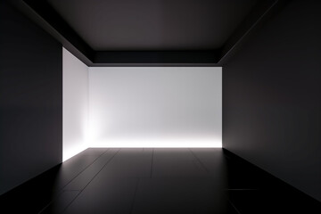 Obraz premium A modern minimalist interior with contrasting black and white hues and subtle lighting.