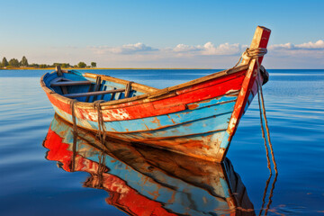 Fototapeta premium Boat floating on calm water with misty mountains and autumn trees during sunrise