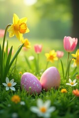 Fototapeta premium Pastel-colored eggs nestled amongst vibrant spring blooms in a sun-drenched meadow, a picturesque scene of Easter cheer