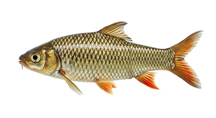 Isolated Java Barb Fish with Golden Scales and Red Fins Swimming