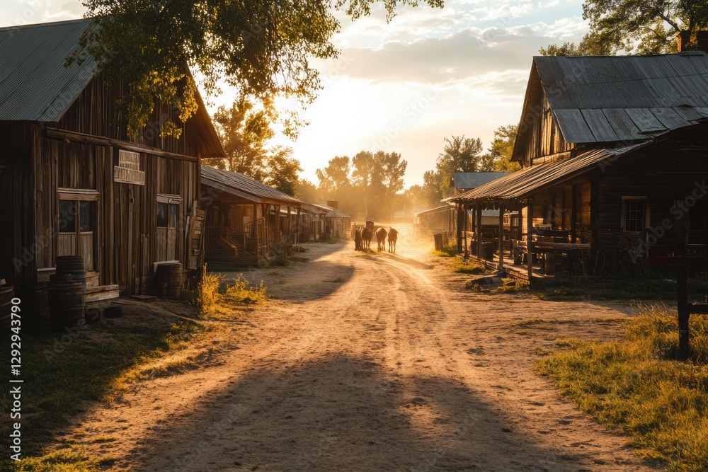 Poster horses walk along a dusty path in a rustic village during sunset in the countryside. generative ai