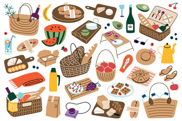 Picnic essentials set with wicker baskets, food, drinks, and accessories. Vector illustrations of sandwiches, fruit, cheese, wine, thermos, tableware, flat cartoon collection for summer meal outdoors