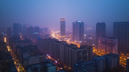 Smoggy city night aerial view, traffic, buildings, pollution, urban landscape