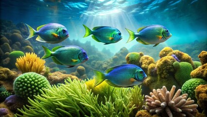 Obraz premium Vibrant Reef Scene Featuring School of Aquatic Life Swimming Amongst Lush Coral and Underwater Flora