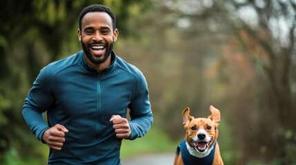 Fototapeta premium Happy man jogging with dog, forest background, active lifestyle