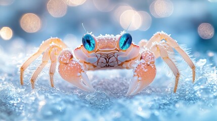 Fototapeta premium Frosted crab on ice, bokeh background, winter scene, nature photography