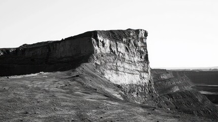 Desert cliff face, mining landscape, stark sunlight, open pit background, environmental impact