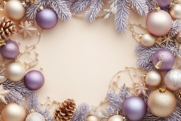 Festive Frame: An elegantly arranged frame composed of Christmas ornaments, pinecones, and shimmering garlands, ready to add a touch of holiday magic to any project. 