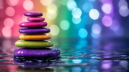 Obraz premium A colorful stack of balanced stones amidst a rainbow colored background
