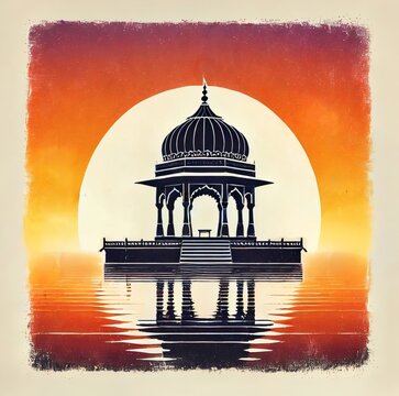 Rajasthan day watercolor card illustration with gadsisar lake in rajasthan.
