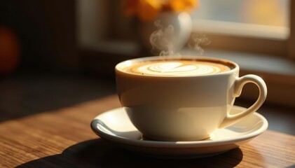 Fototapeta premium Warm coffee cup with a swirl of pumpkin flavor on top, steam rising, morning