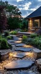 Obraz premium A beautiful evening landscape with stone pathway illuminated by lights