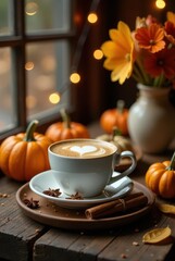 Fototapeta premium Cozy Autumnal Latte with Pumpkins and Spices by a Window