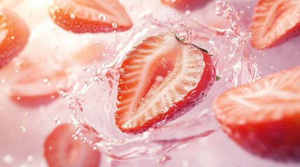 Fototapeta premium Juicy strawberry splashing in pink liquid, surrounded by sliced strawberries, sunlit background, perfect for food advertising