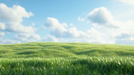 Obraz premium Sunny day, rolling green grass field, blue sky, fluffy clouds, nature background